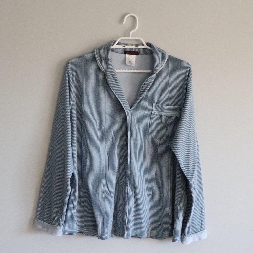 Simon Chang Womens Blue Sz XL Striped Buttoned Cotton Lace Pj Long‎ Sleeve Top